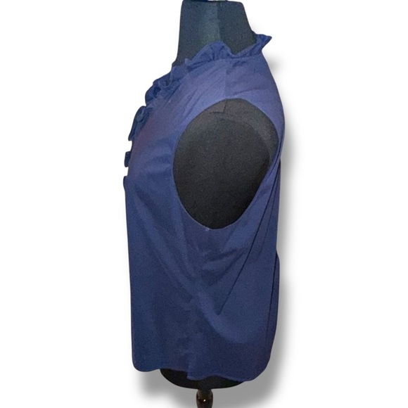 FOXCROFT Gwen Ruffle Non-Iron Stretch Button-Up Sleeveless Shirt Navy 18 - Picture 3 of 13